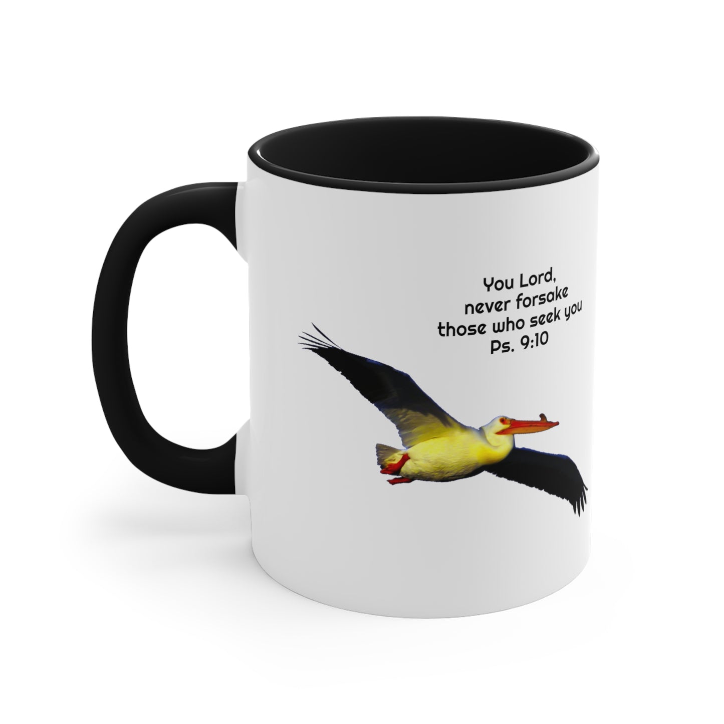 Ps. 9:10 with soaring Pelican    Accent Coffee Mug, 11oz